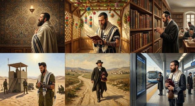 איסור תפילה כנגד בגדים מצוירים וקישוטי סוכה משום ביטול הכוונה, דיני חציצה בינו לבין הקיר, וגדרי חובת הליכה ונסיעה להשגת מניין בתפילה