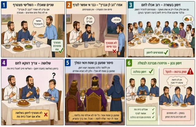 דיני זימון לעומק – צירוף לסעודה, שלישי, קטן, נשים ומחלוקות הפוסקים בהלכה למעשה