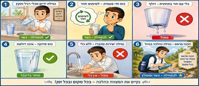 דיני נטילת ידיים מכלי – כשרות הכלי, נקבים וסדקים, כוח נותן וכוונה במצווה