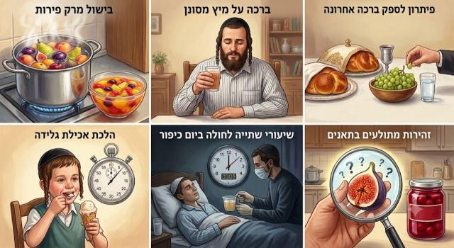 מרק פירות, מיצי פירות וגלידות בהלכה: ברכות ראשונות ואחרונות, דין 'טעם כעיקר', נלעס מול נבלע, ושיעורי אכילה ושתייה ביום כיפור