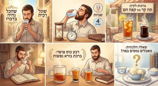 הלכות ברכות: שתיית מים, תה, קפה, מאכלים נמסים וזמני השיעורים
