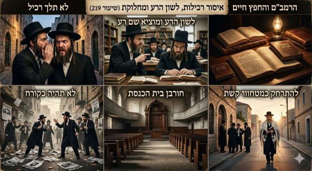 איסור מחלוקת, רכילות ולשון הרע: חומרת הפגיעה בזולת, הרס קהילות ובתי כנסיות, ודרכי ההתרחקות מבעלי מחלוקת על פי הרמב"ם והחפץ חיים