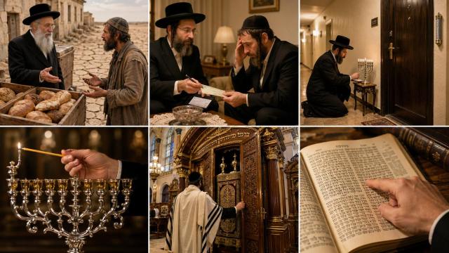 הלכות צדקה ופדיון שבויים, דיני נרות חנוכה וסדר הדלקתם, פתיחת דלתות היכל הקודש משמאל לימין, ואיסור נתינת לחם לעם הארץ שאינו מברך