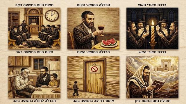 הבדלה ודיני אבלות בתשעה באב שחל במוצאי שבת: ספק ברכות, מנהגי חצות, ודין החולה והאונן