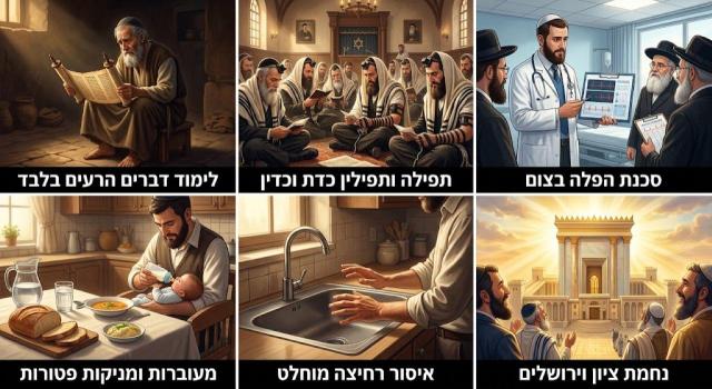 הלכות תשעה באב וימי אבלות: גדרי איסור לימוד תורה ורחיצה, ופטור מעוברות ומניקות מהתענית מטעמי בריאות