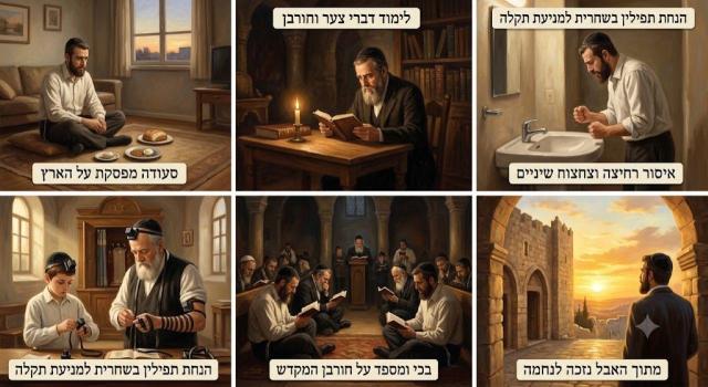 מדריך הלכתי מעשי לתשעה באב: מדיני סעודה מפסקת ואיסור שני תבשילים, דרך הגבלות לימוד התורה, ועד לפטור לנשים בהריון והיוזמה להנחת תפילין בשחרית